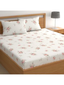 CHHAVI INDIA - White & Pink Small Floral Bouquet Microfiber King Bedsheet with 2 Pillow Cover