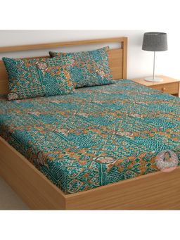CHHAVI INDIA - Teal & Rust Traditional Pattern Microfiber King Bedsheet with 2 Pillow Cover