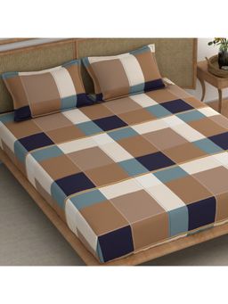 CHHAVI INDIA - Brown & Blue Modern Check Microfiber King Bedsheet with 2 Pillow Cover