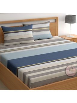 CHHAVI INDIA - Coastal Blue & Taupe Multi-Stripe Microfiber King Bedsheet with 2 Pillow Cover