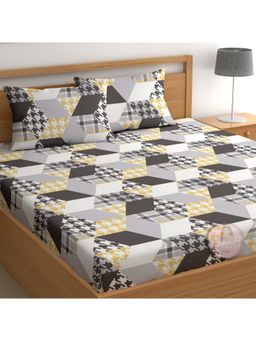 CHHAVI INDIA - Grey Houndstooth & Plaid Geometric Microfiber King Bedsheet with 2 Pillow Cover