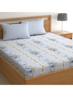 CHHAVI INDIA - Sky Blue Striped English Floral Microfiber King Bedsheet with 2 Pillow Cover