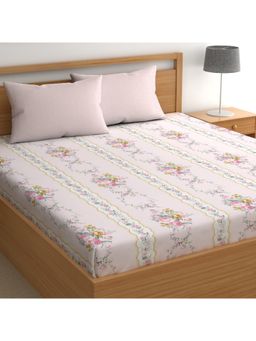 CHHAVI INDIA - Light Pink Striped English Floral Microfiber King Bedsheet with 2 Pillow Cover