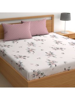 CHHAVI INDIA - Pink & Off White Floral & Polka Dot Microfiber King Bedsheet with 2 Pillow Cover