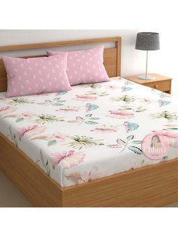 CHHAVI INDIA - Pink & Blue Tropical Floral Microfiber King Size Bedsheet with 2 Pillow Cover Set
