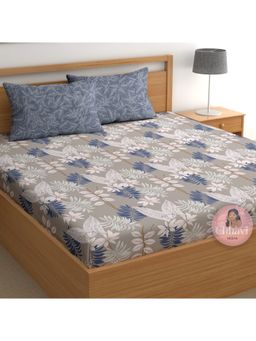 CHHAVI INDIA - Grey Blue Leaf Pattern King Microfiber Bedsheet with 2 Pillow Cover