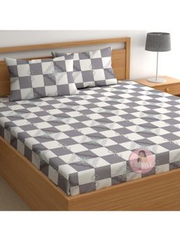 CHHAVI INDIA - Grey White Checkered King Microfiber Bedsheet with 2 Pillow Cover