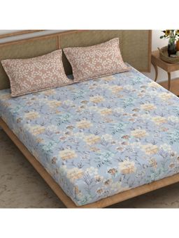 CHHAVI INDIA - Microfiber King Size Bedsheet Set Blue Floral Print With Twig Pattern Pillow Covers