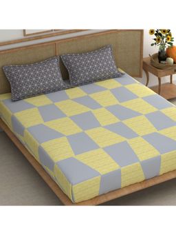CHHAVI INDIA - King Size Bedsheet Set Geometric Yellow & Grey Blocks With 2 Patterned Pillow Covers