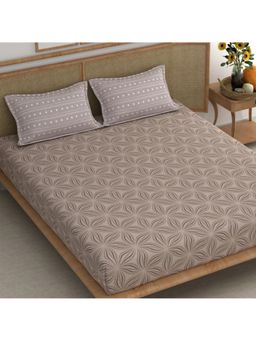 CHHAVI INDIA - King Size Bedsheet Set Taupe Geometric Floral Print With 2 Patterned Pillow Covers