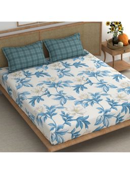 CHHAVI INDIA - Microfiber King Size Floral Bedsheet Set With 2 Plaid Pillow Covers (White & Blue)