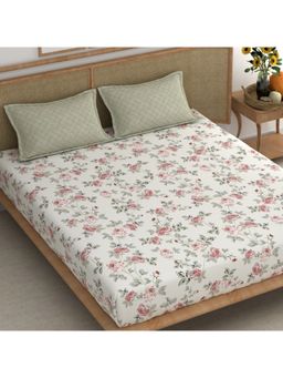 CHHAVI INDIA - King Vintage Rose Floral Bedsheet With 2 Textured Pillow Covers (White & Sage Green)