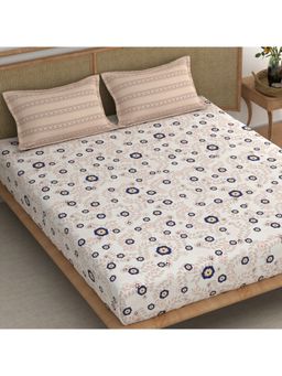 CHHAVI INDIA - King Size Ditsy Floral Bedsheet Set With 2 Striped Pillow Covers (Navy & Beige)