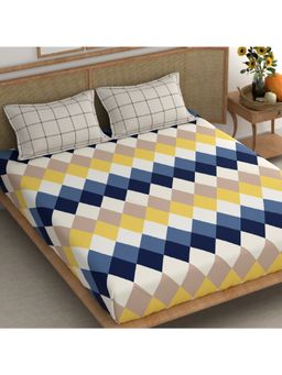 CHHAVI INDIA - King Geometric Diamond Bedsheet With 2 Checkered Pillow Covers (Blue, Yellow & Beige)