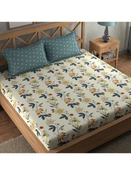 CHHAVI INDIA - King Size Microfiber Floral Bedsheet Set With 2 Pillow Covers (Cream & Teal)