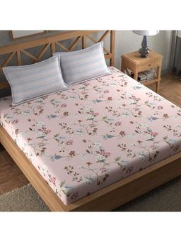 CHHAVI INDIA - King Size Vintage Rose Floral Bedsheet With 2 Pillow Covers (Dusty Pink & Grey Chevron)
