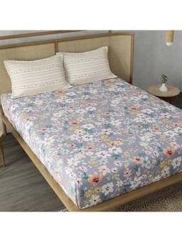 CHHAVI INDIA - King Size Microfiber Meadow Floral Bedsheet Set With 2 Pillow Covers (Lilac & Stripe)
