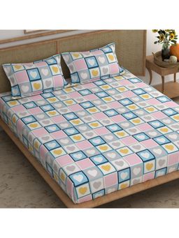 CHHAVI INDIA - King Size Bedsheet Set With 2 Pillow Covers, 210 Tc, Pastel Heart & Checkered Design
