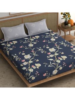 CHHAVI INDIA - King Size Microfiber Bedsheet Set Dark Blue Floral Print With 2 Pillow Covers