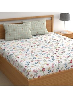 CHHAVI INDIA - King Size Microfiber Bedsheet With 2 Pillow Covers White & Sage Floral Print