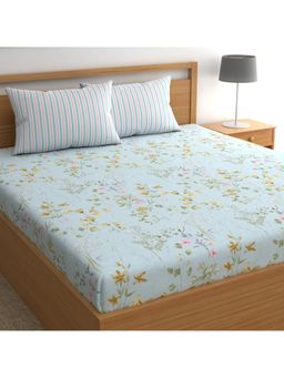 CHHAVI INDIA - King Microfiber Bedsheet Set Pastel Blue Floral Print With Striped Pillow Covers