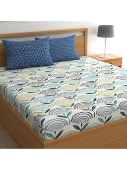 CHHAVI INDIA - King Bedsheet Set Contemporary Abstract Fan Print With Solid Blue Pillow Covers
