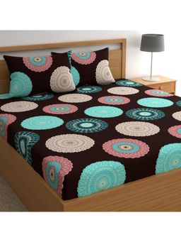 CHHAVI INDIA - King Bedsheet with 2 Pillow Cover Dark Brown With Teal And Pink Mandala Circles