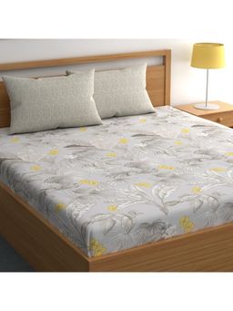 CHHAVI INDIA - King Bedsheet Grey With Yellow & Beige Tropical Print (1 Bedsheet, 2 Pillow Covers)