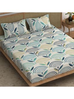 CHHAVI INDIA - King Size Bedsheet Set With 2 Pillow Covers, Abstract Fan Floral Print In Teal And Blue