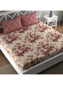 CHHAVI INDIA - Vintage Rose Bouquet King Size Bedsheet Set Beige Floral With Plaid Pillow Covers