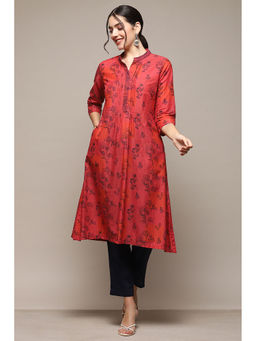 Biba - Women Cotton Printed Kurta and Pant - Red (Set of 2)