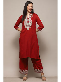 Biba - Women Rayon Printed Kurta and Palazzo - Red (Set of 2)