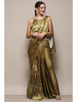 Biba - Women Polyester Printed Pre Draped Saree with Stitched Blouse - Green