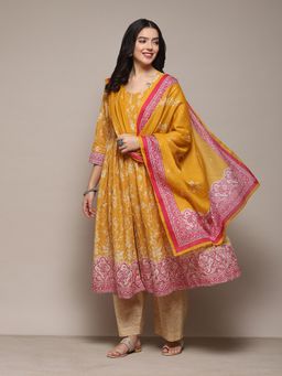 Biba - Women Cotton Embroidery Kurta and Palazzo with Stole - Yellow (Set of 3)