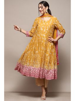 Biba - Women Cotton Blend Printed Kurta and Palazzo with Dupatta - Yellow (Set of 3)