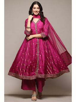 Biba - Women Cotton Blend Yarded Kurta and Palazzo with Dupatta - Magenta (Set of 3)