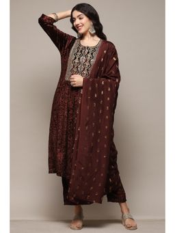 Biba - Women Polyester Embroidery Kurta and Pant with Dupatta - Brown (Set of 3)