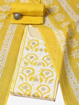 Biba - Women Printed Unstitched Suit - Yellow (Set of 3)