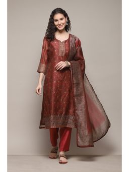Biba - Women Printed Unstitched Suit - Red (Set of 3)