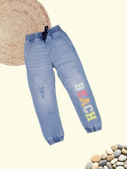 KiddoPanti - Boys Beach Multicolour Printed Jogger Denim Jeans