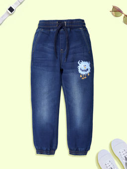 KiddoPanti - Boys Blue Monster Printed Jogger Denim Jeans