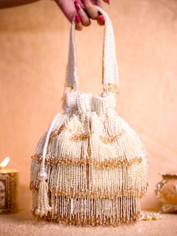 House Of Kosha - Rayna Off White Suede Embellished Potli Bag