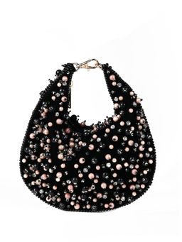 House Of Kosha - Aliya Black Suede Pearl Embellished Handbag