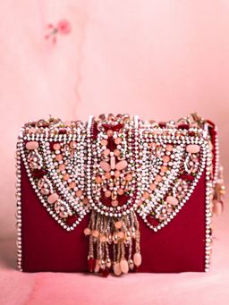 House Of Kosha - Sara Maroon Suede Embellished Box Clucth
