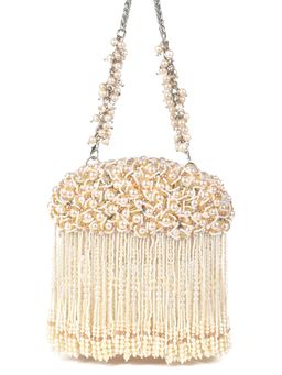 House Of Kosha - Chloe Off White Suede with Pearl Hanging Clucth