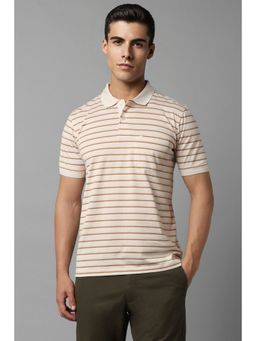 Louis Philippe - Men Beige Stripe Polo Neck T-Shirt