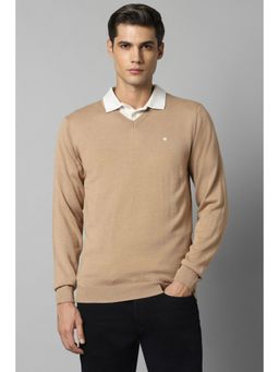 Louis Philippe - Men Beige Solid V Neck Full Sleeves Sweater