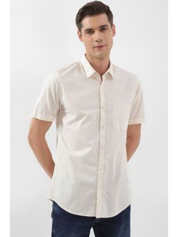 Peter England - Men Cream Slim Fit Print Half Sleeves Casual Shirt