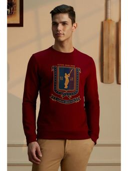 Peter England - Men Maroon Embroidered Crew Neck Sweatshirt