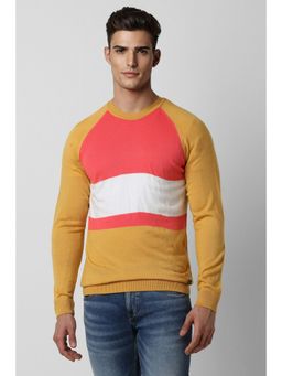 Peter England - Men Mustard Colorblock Crew Neck Sweater